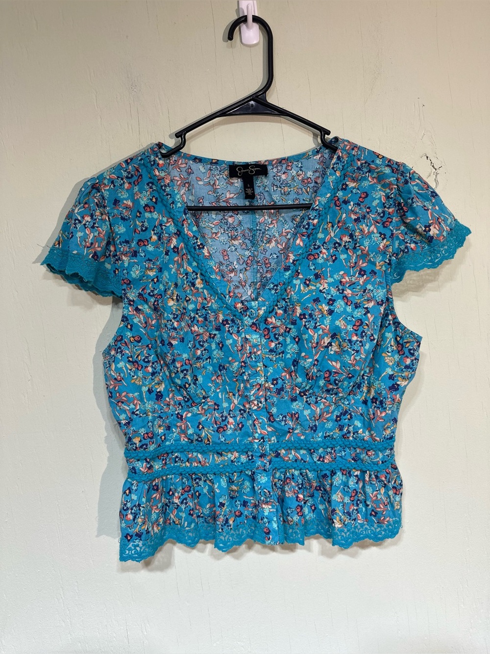 Jessica Simpson blue floral vtg y2k babydoll peplum blouse large